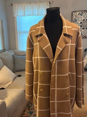Anne Klein Camel Windowpane Double-Breasted Coat